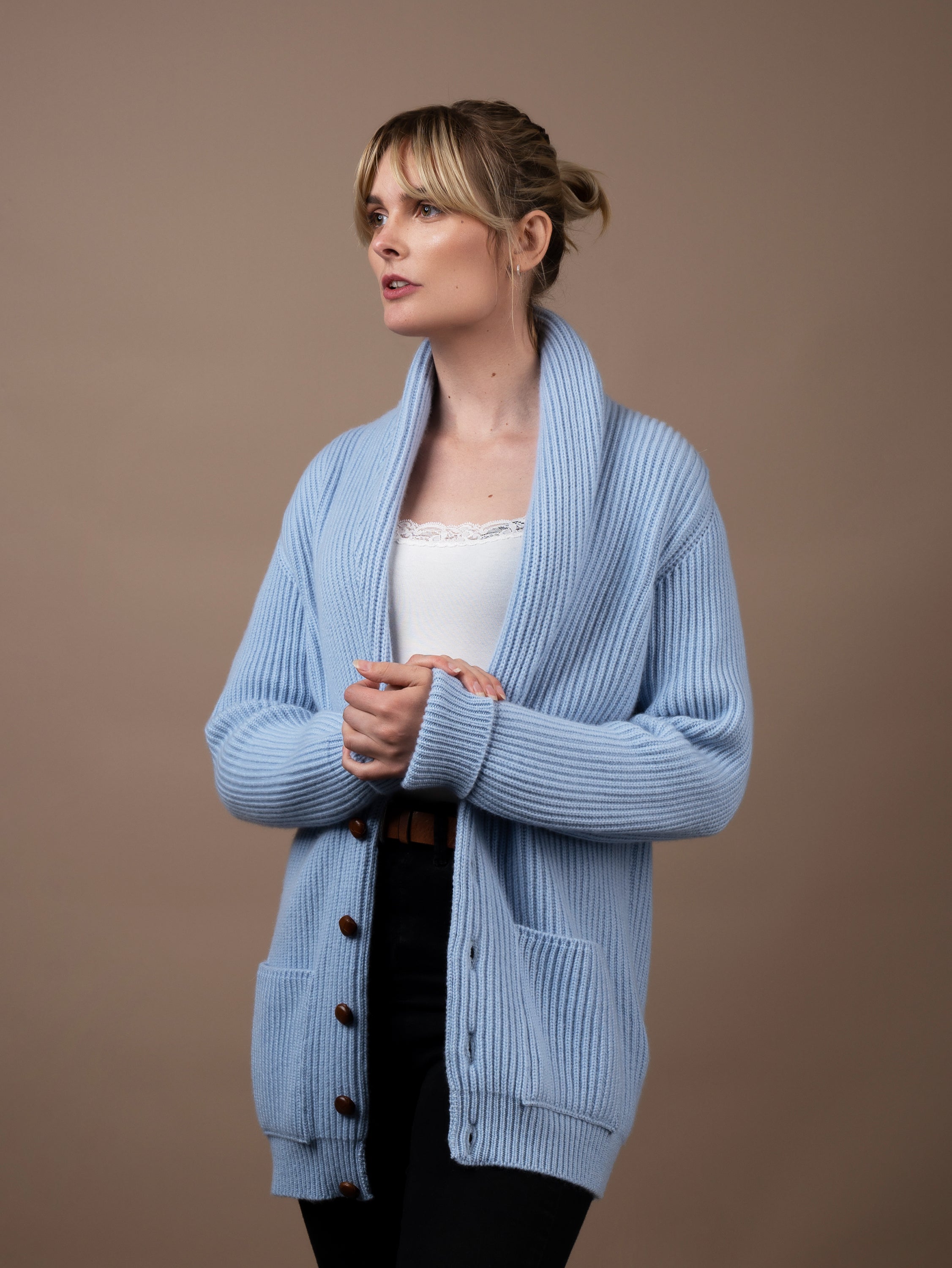 Lightweight Cashmere Duster Cardigan - Blue - L (12-14)